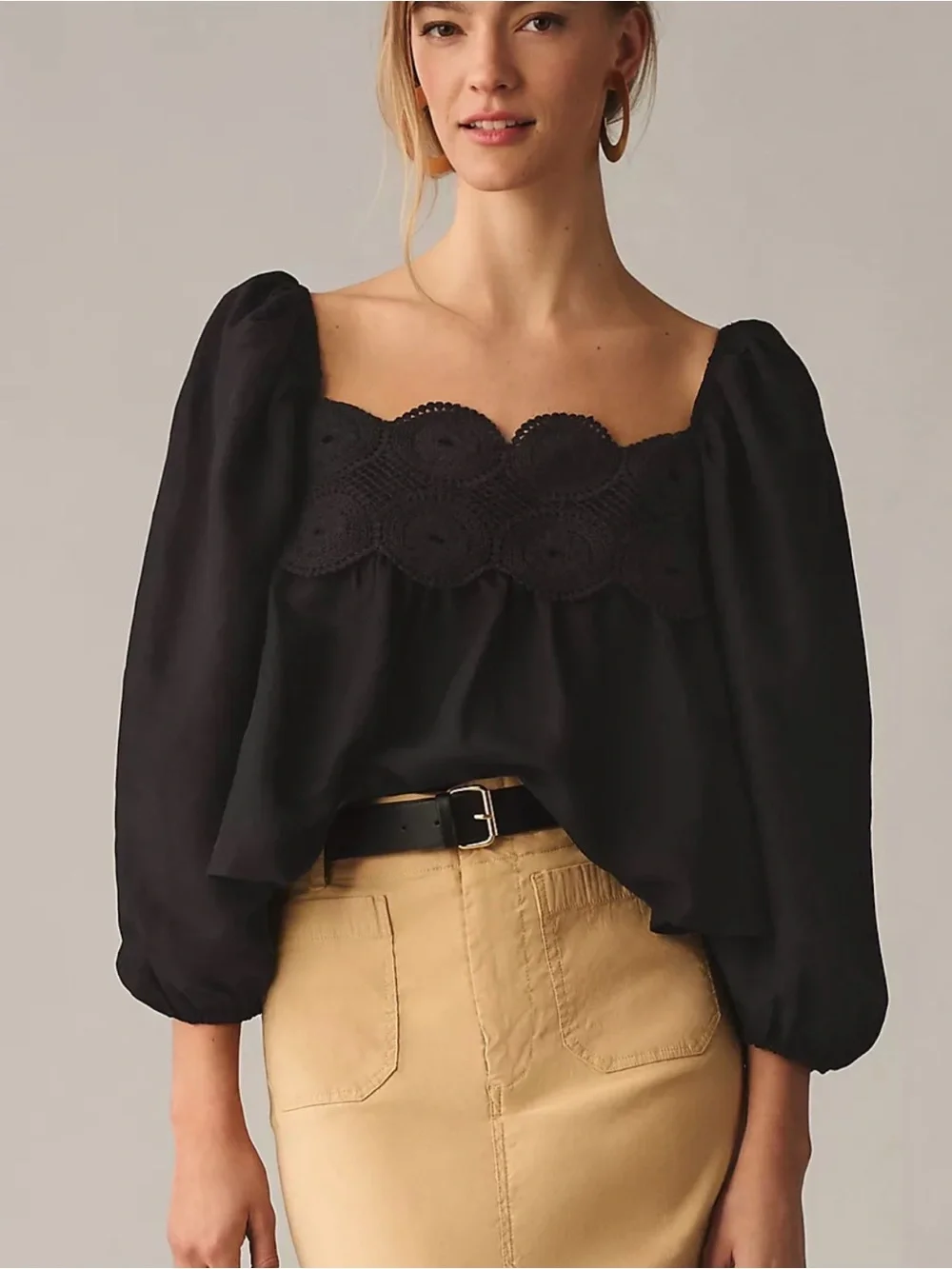 Anthropologie Black Square-Neck Lace-Trim Blouse size large